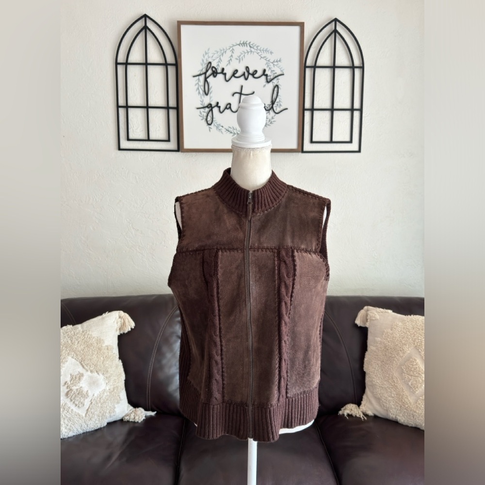 Vintage Retro Rich Chocolate Brown Suede Full Zip Patchwork Vest Size M Y2K